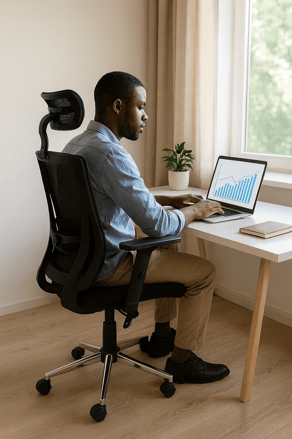 Man working at a desk on a laptop while seated in a black ergonomic office chair, modern home office with natural light and indoor plant.